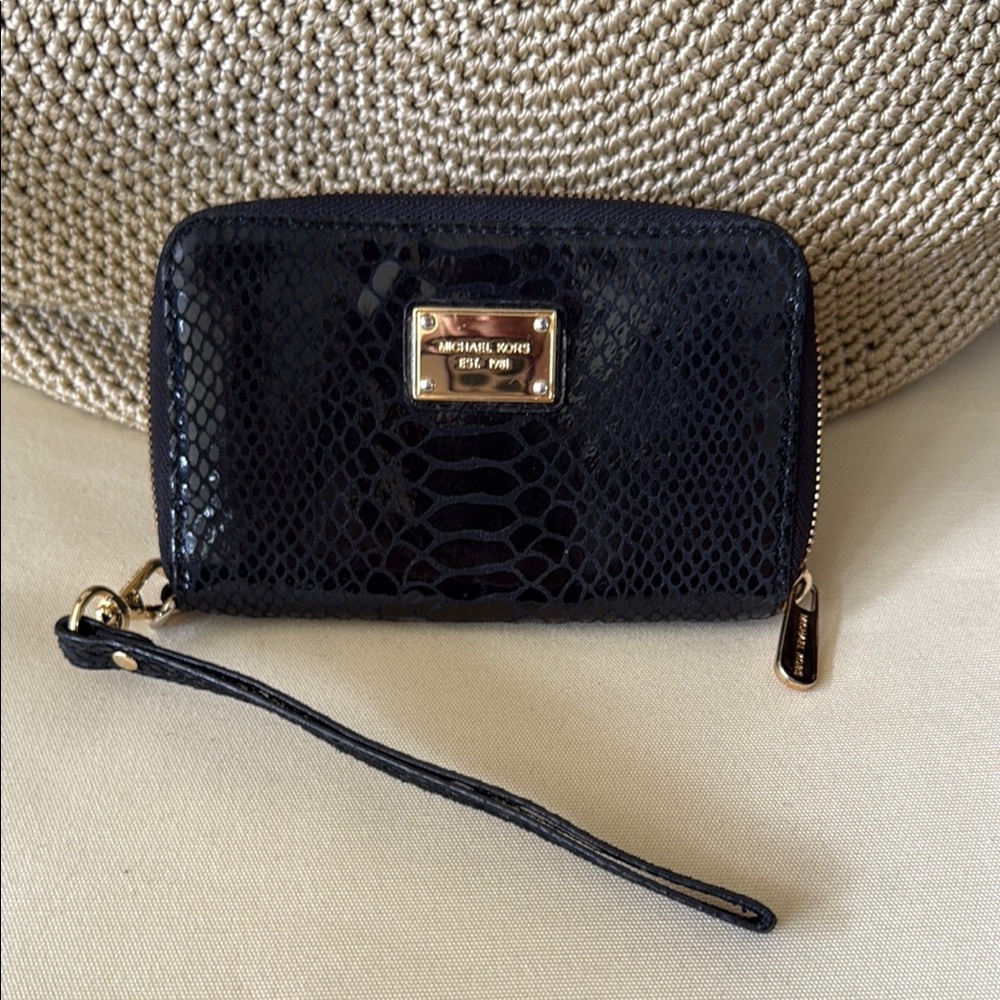 Michael Kors Black Patent Croc-Embossed Wristlet Wallet with Gold Hardware